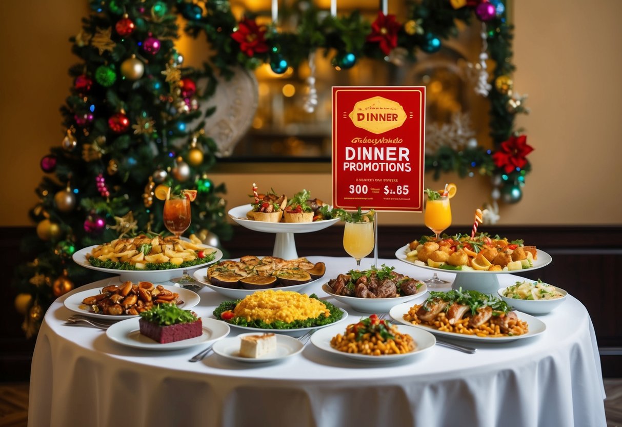 A table with a variety of delicious dishes and drinks displayed, surrounded by festive decorations and a sign advertising dinner promotions