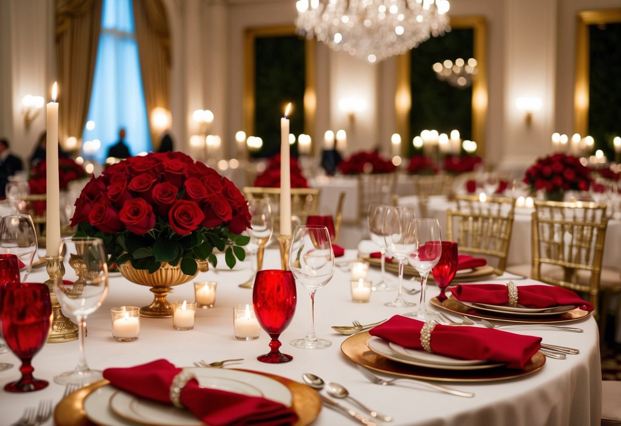 A romantic dinner table at The Ritz adorned with red roses, candlelight, and elegant place settings