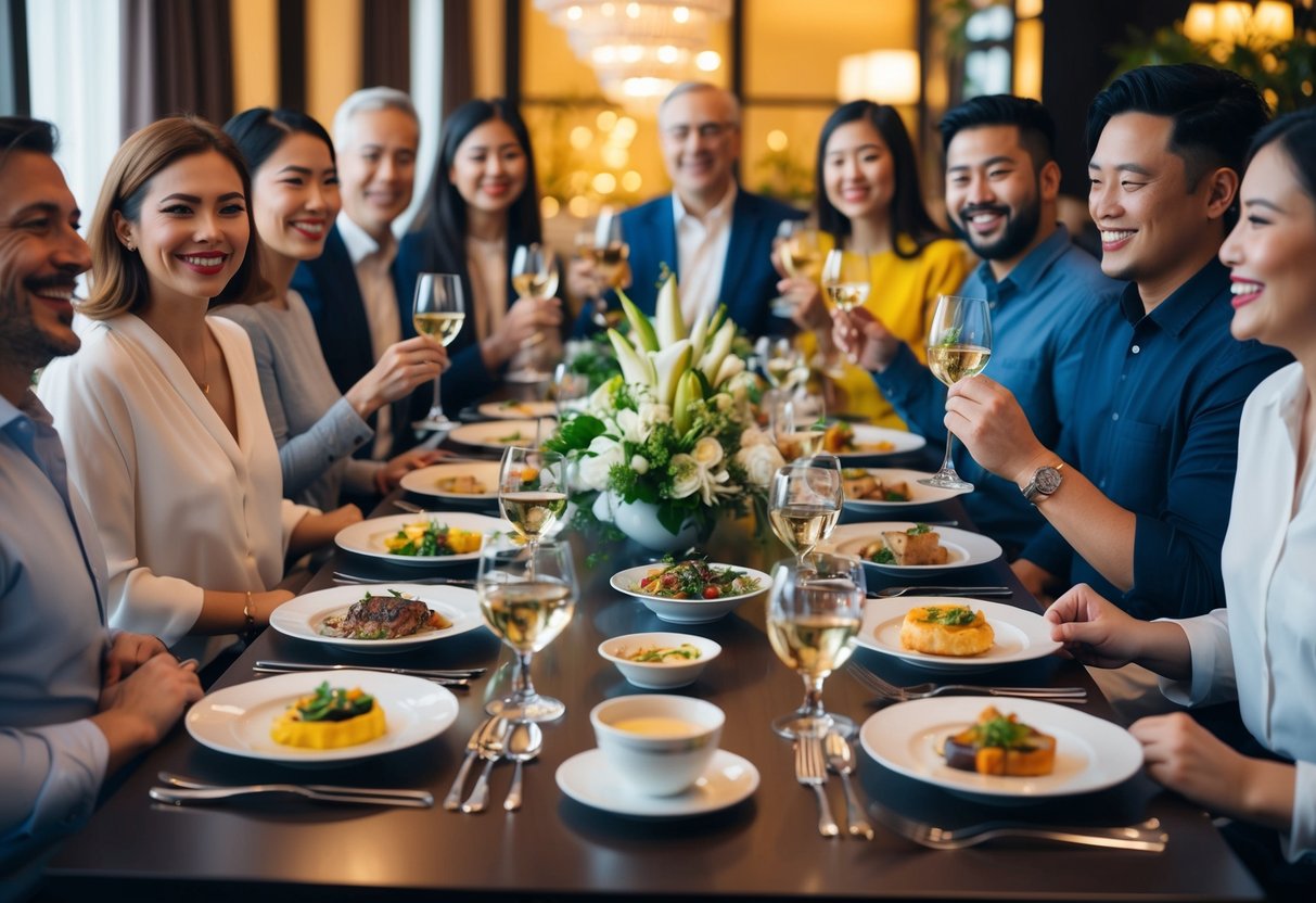 A table set with elegant dinnerware and a variety of delicious dishes, surrounded by happy diners enjoying the benefits of set dinner promotions