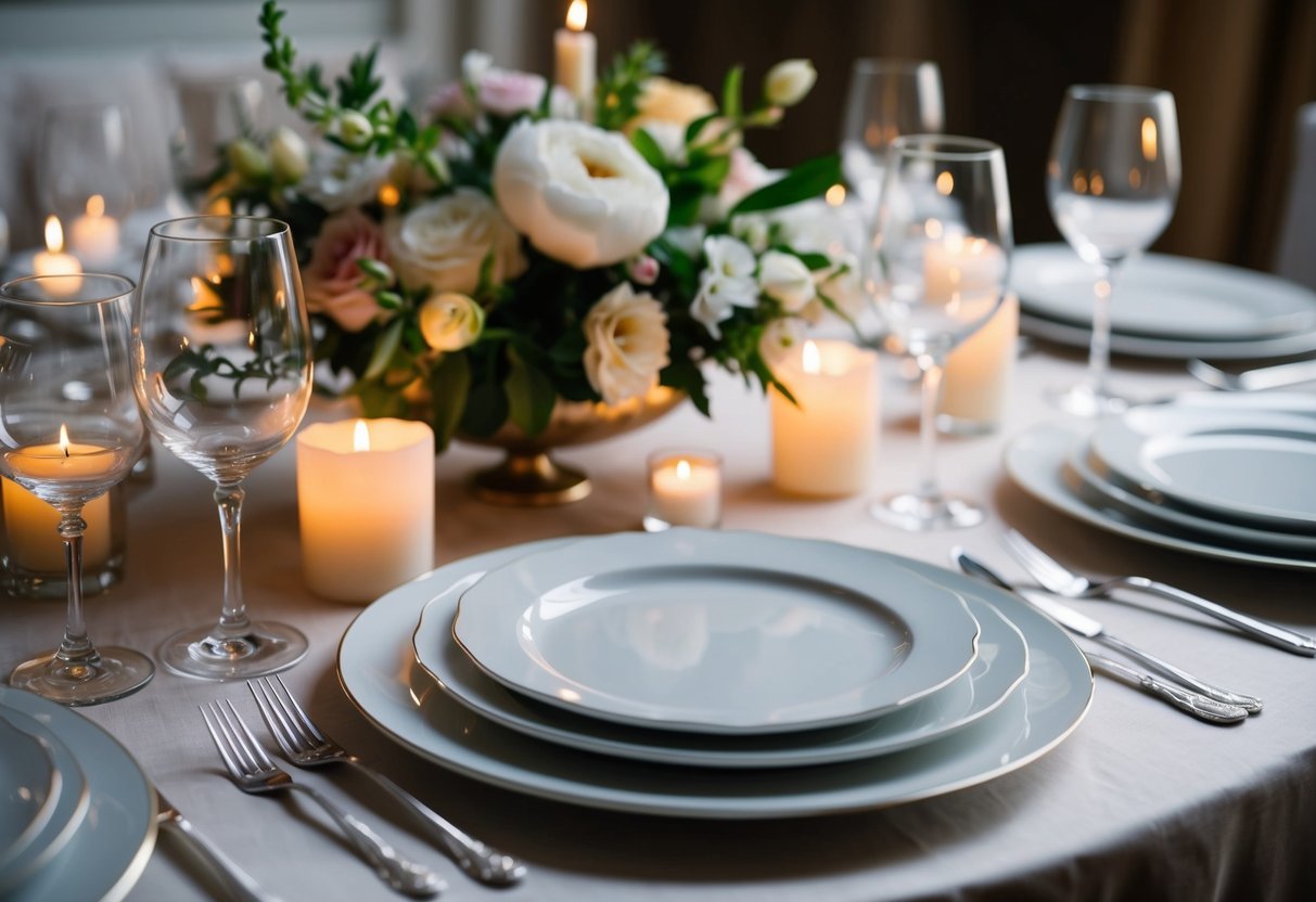A beautifully set dinner table with elegant plates, silverware, and glasses. The table is adorned with fresh flowers and soft candlelight, creating a warm and inviting atmosphere