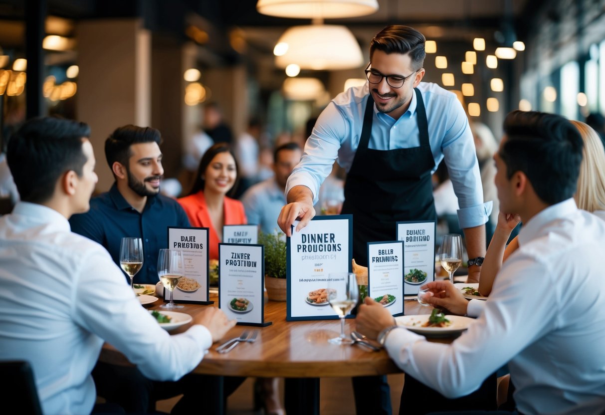 A table with a variety of dinner promotions displayed on cards, surrounded by customers asking questions to a server