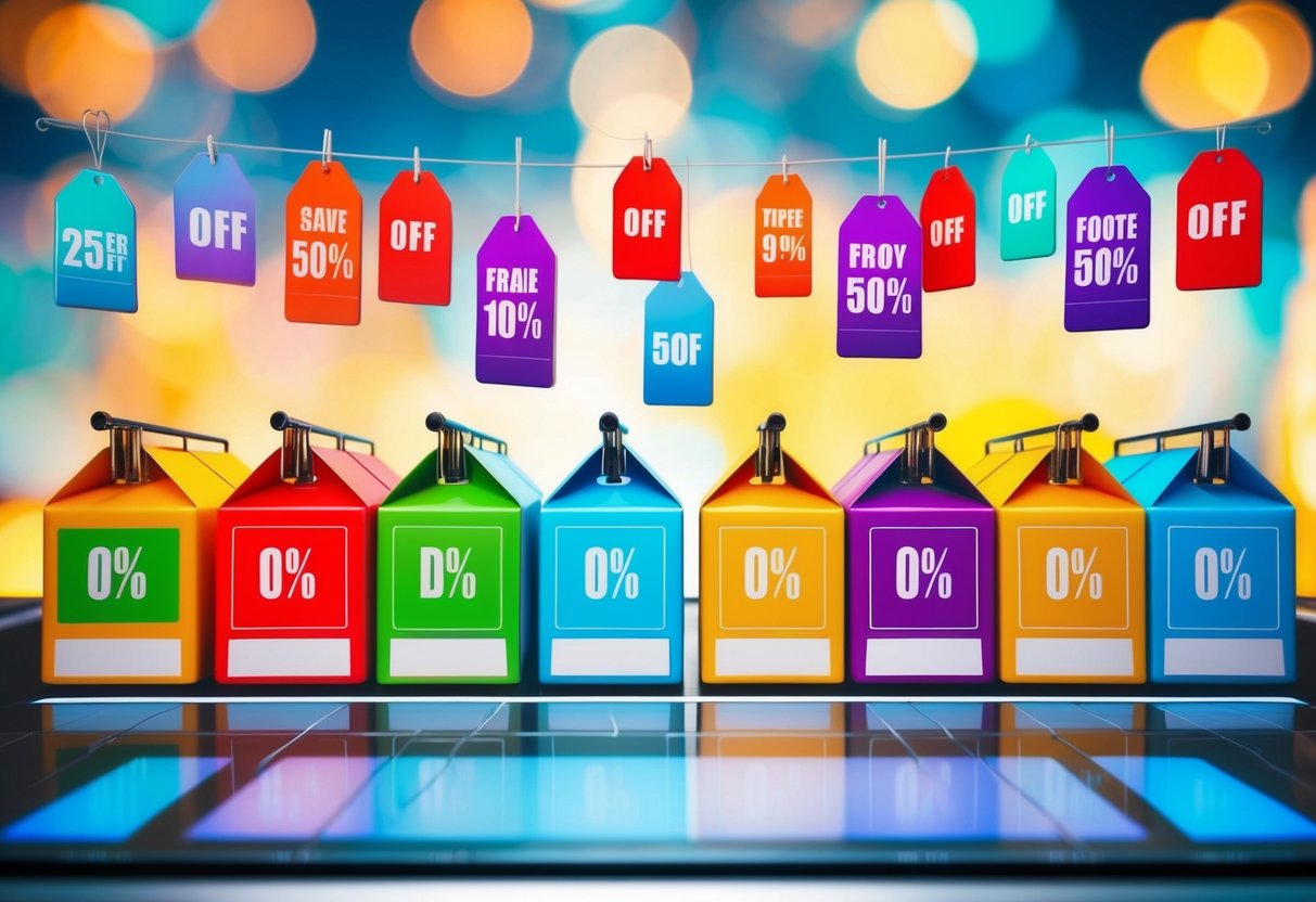 A colorful display of products with discount tags and promotional banners on a digital platform