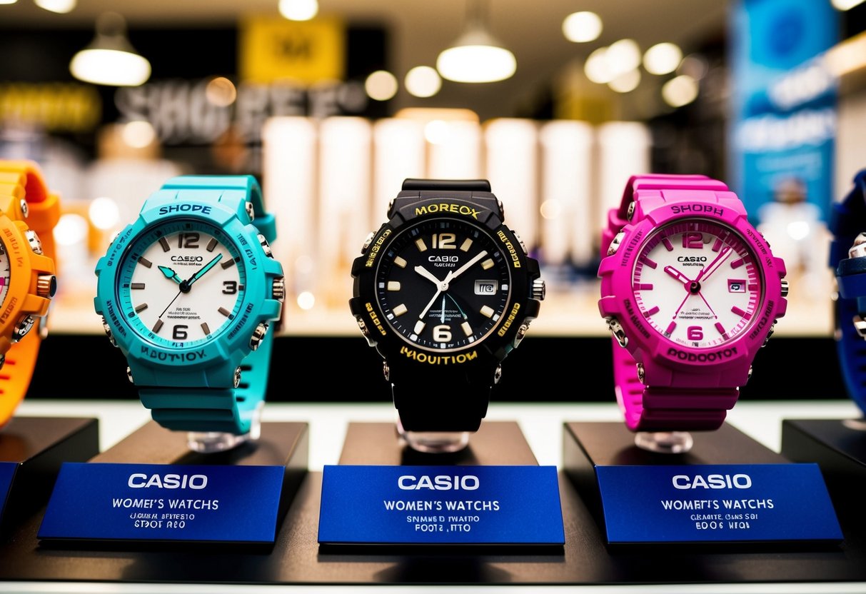 A vibrant display of Casio women's watches featured in a Shopee promotion