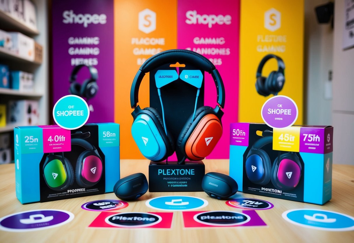 A colorful display of Plextone Gaming Earphones surrounded by promotional banners and stickers on Shopee's online platform