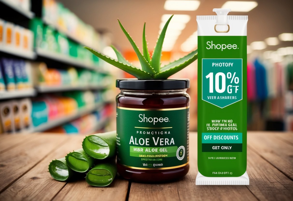 Aloe Vera Gel displayed with promotional banners and discounts on Shopee
