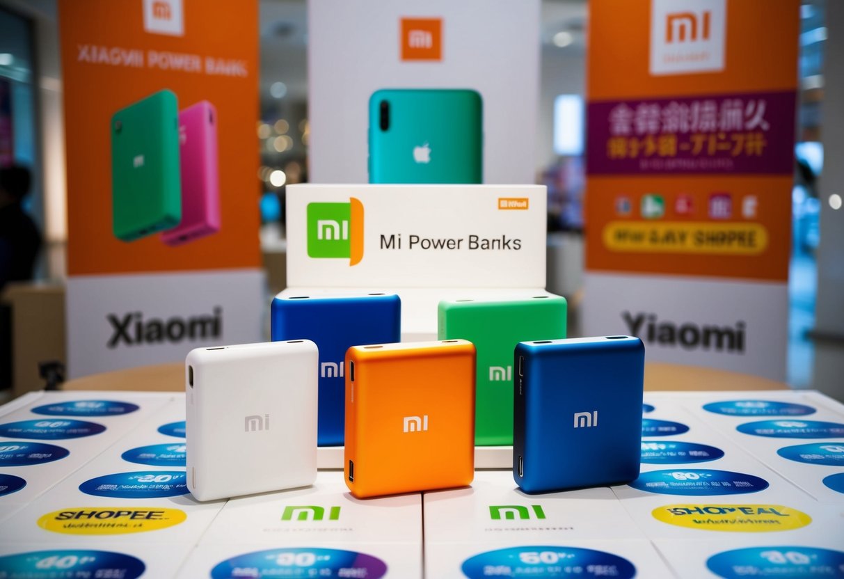 A display of Xiaomi Mi Power Banks surrounded by promotional banners and stickers on Shopee
