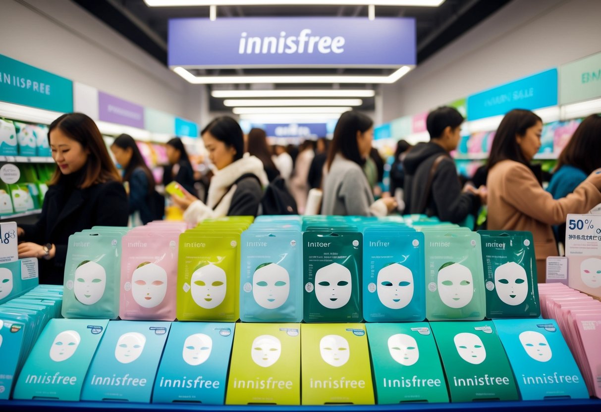 A colorful display of Innisfree face masks on sale, surrounded by promotional signs and banners, with eager shoppers browsing the selection