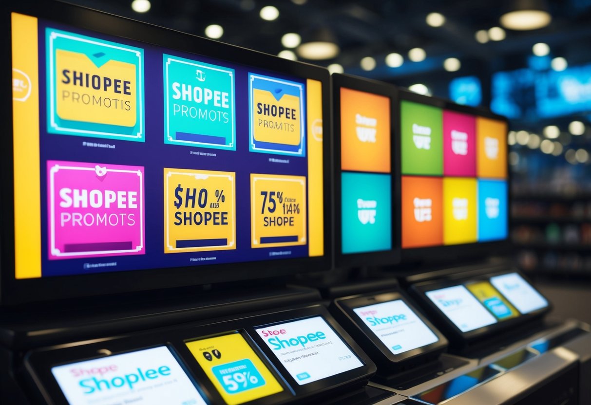A vibrant digital display showcasing various Shopee promotions with eye-catching graphics and discounts