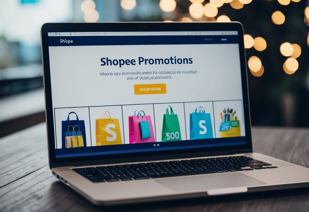 A laptop displaying Shopee promotions with a variety of discounted products and a "Shop Now" button