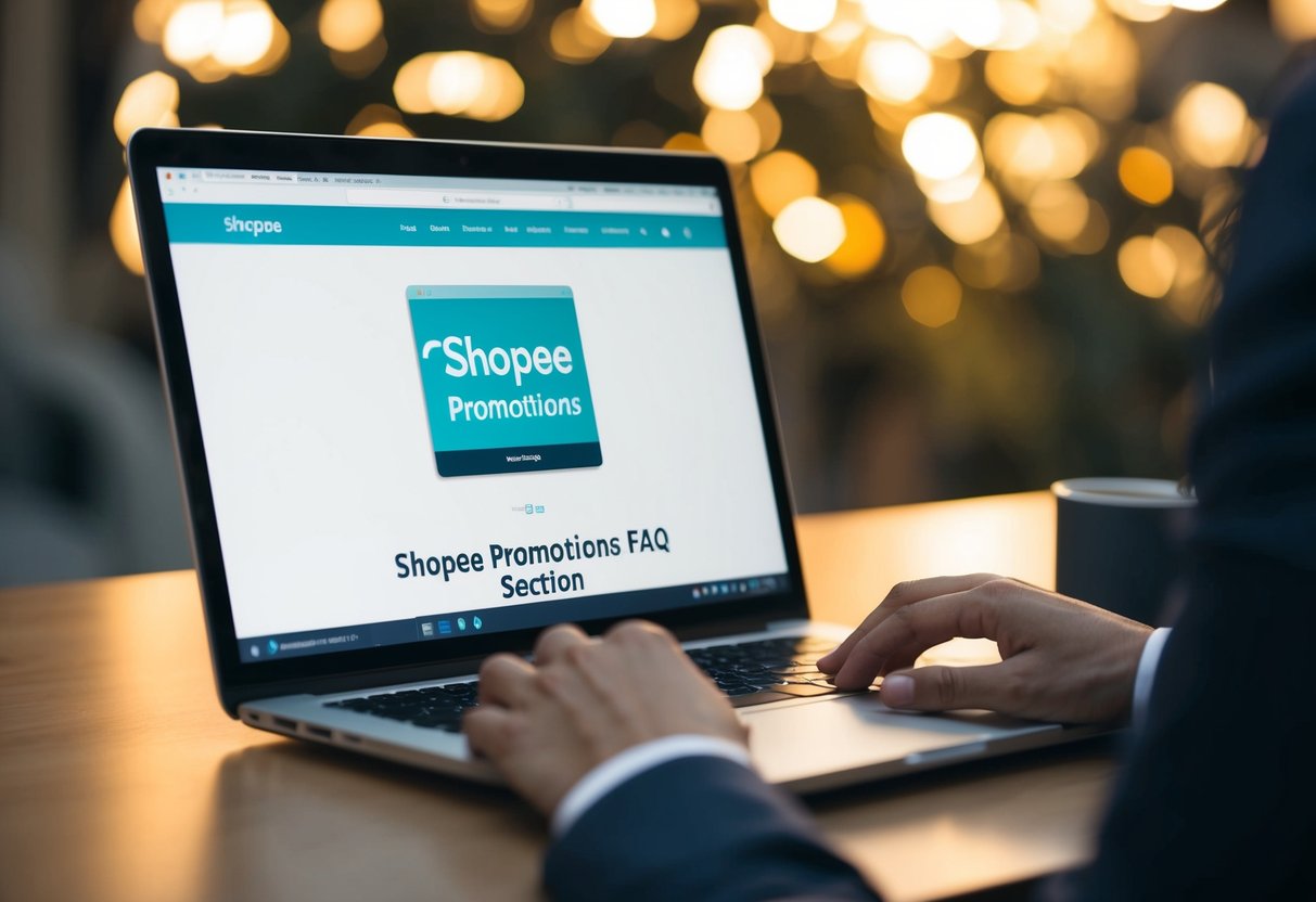 A laptop with a webpage open showing the Shopee promotions FAQ section