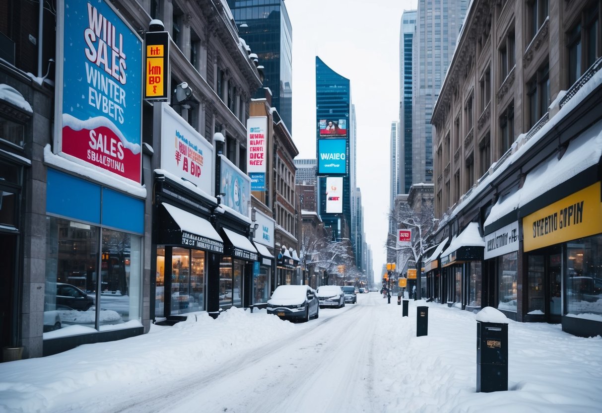 A bustling city street covered in snow, with storefronts and billboards promoting winter events and sales