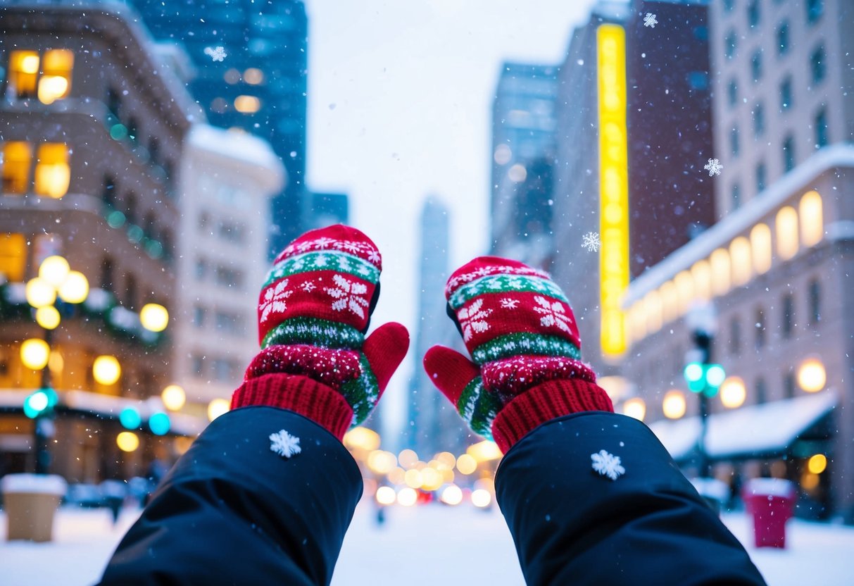 Snow-covered city with buildings adorned in festive mittens. Bright lights and snowflakes fill the air, creating a lively and cheerful atmosphere