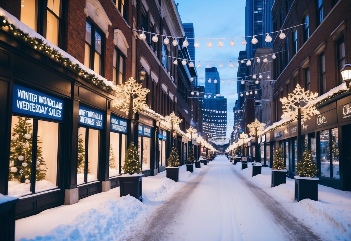 Snow-covered city streets lined with festive decorations and twinkling lights, with storefronts displaying "Winter Wonderland Wednesday Sales" promotions