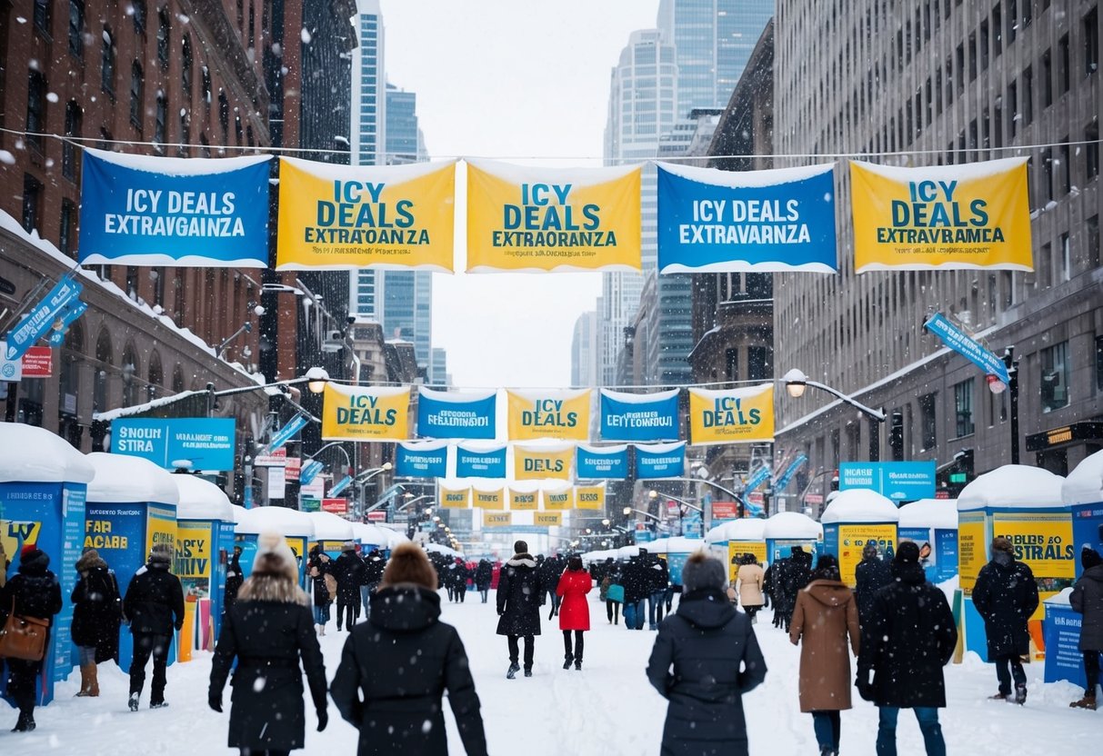 A snow-covered city with colorful banners and signs promoting "Icy Deals Extravaganza." Snowflakes falling and people bustling about