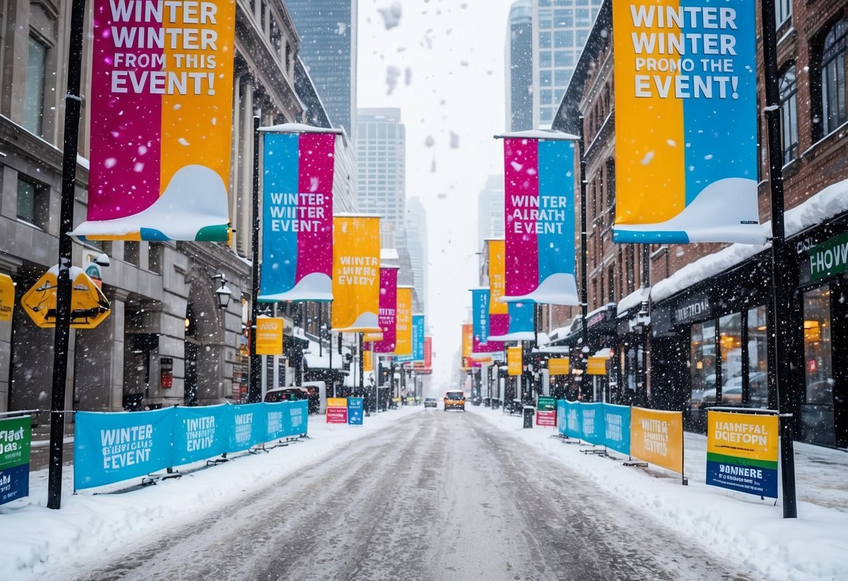 A snowy city street with colorful banners and signs promoting a winter event. Snowflakes falling gently from the sky, creating a festive atmosphere
