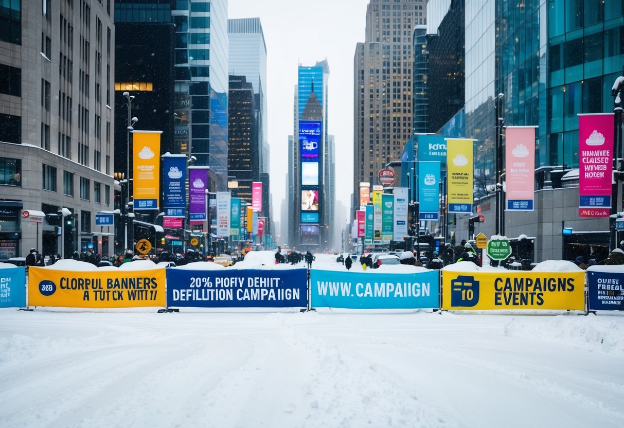 A bustling city covered in snow, with colorful banners and signs promoting various campaigns and events