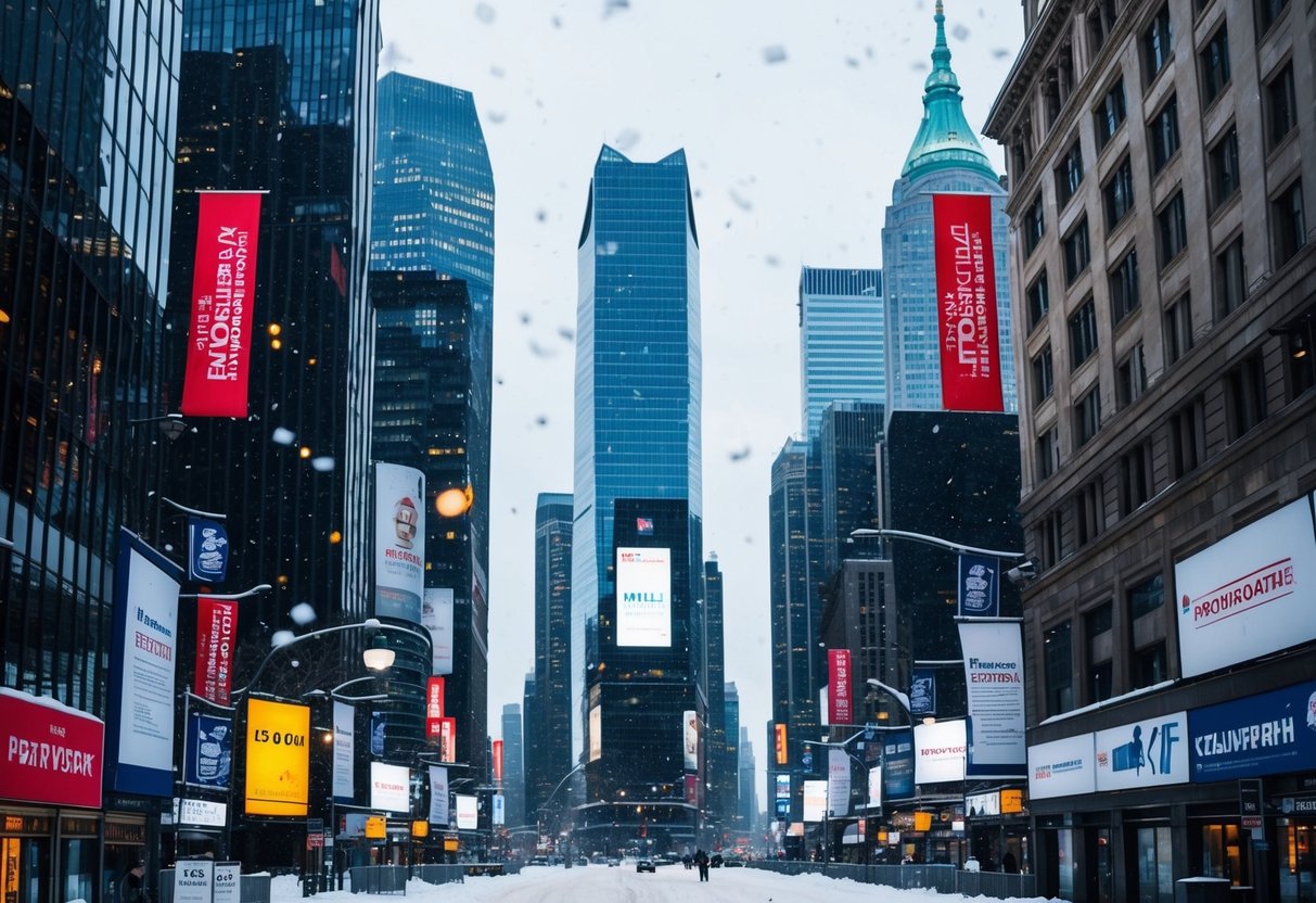 A snowy city skyline with promotional banners and signs scattered throughout the streets