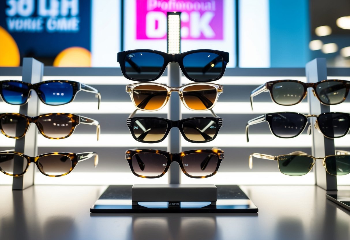 A display of various sunglasses arranged on a sleek, modern shelf with bright promotional signage and lighting