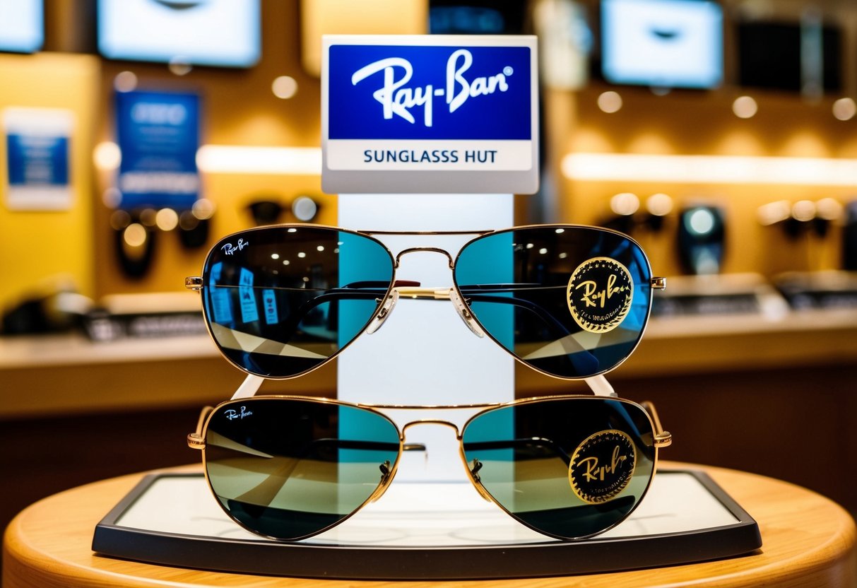 A display of Ray-Ban Aviators at Sunglass Hut with promotional signage