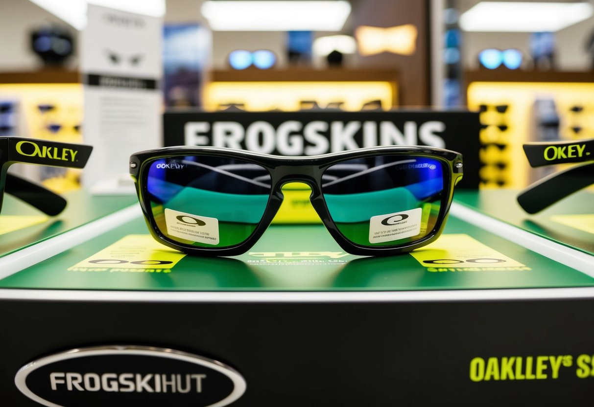 A display of Oakley Frogskins sunglasses at a Sunglass Hut store, with promotional materials and signage