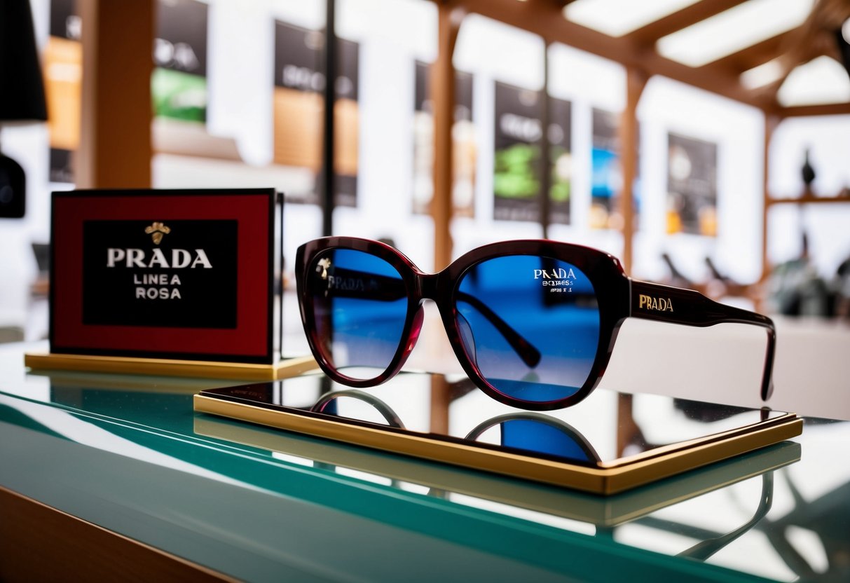 A sleek sunglass display at a Prada Linea Rossa hut with promotional signage