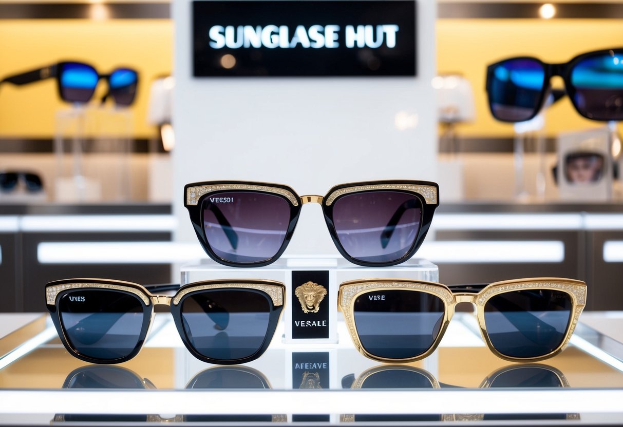 A display of Versace VE4361 sunglasses arranged in a stylish and eye-catching manner at a Sunglass Hut store, with promotional signage and lighting