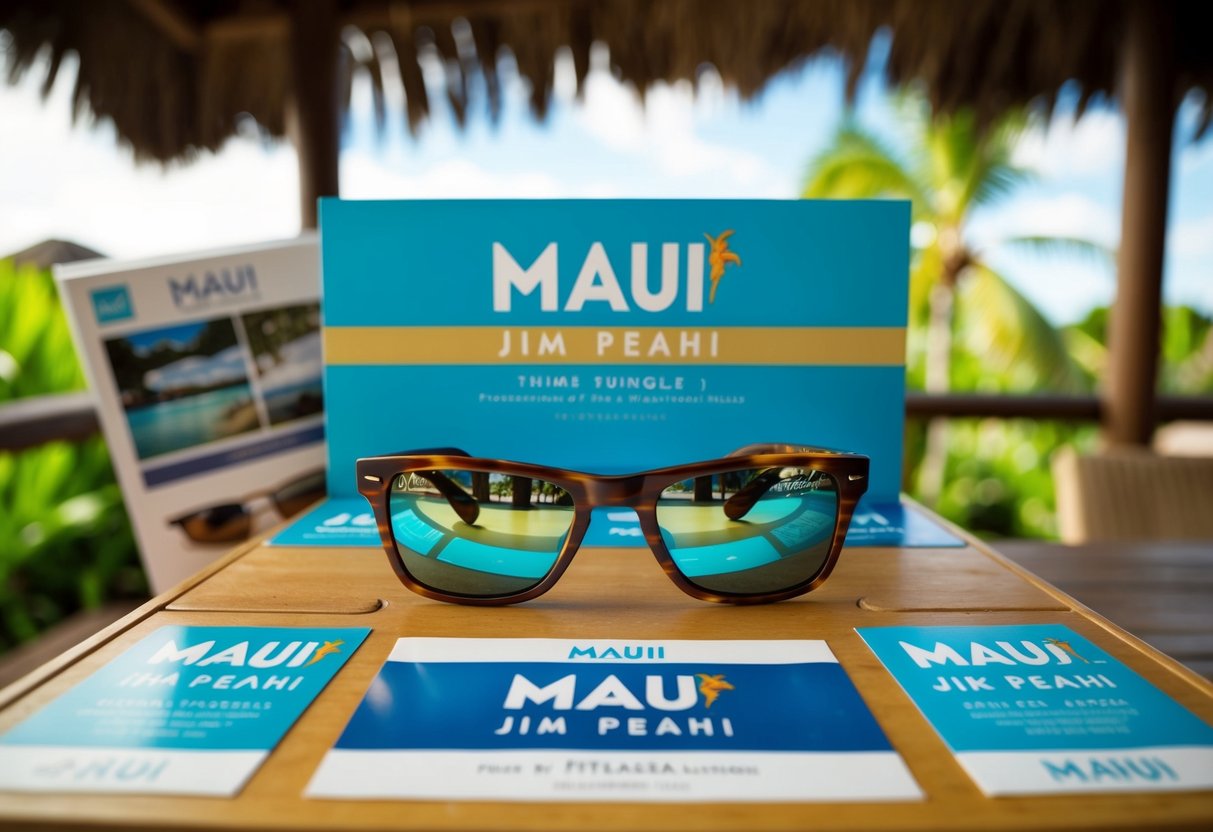 A display of Maui Jim Peahi sunglasses in a hut with promotional materials
