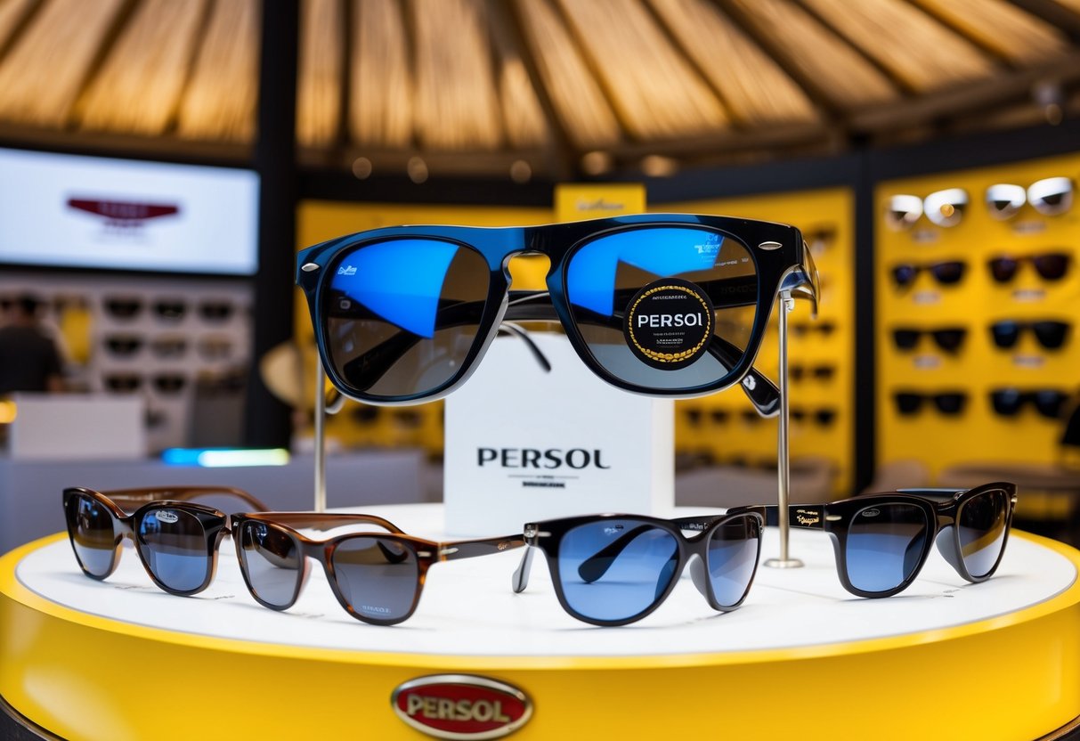A sleek sunglasses display at a Persol promotion, with various styles showcased in a well-lit hut