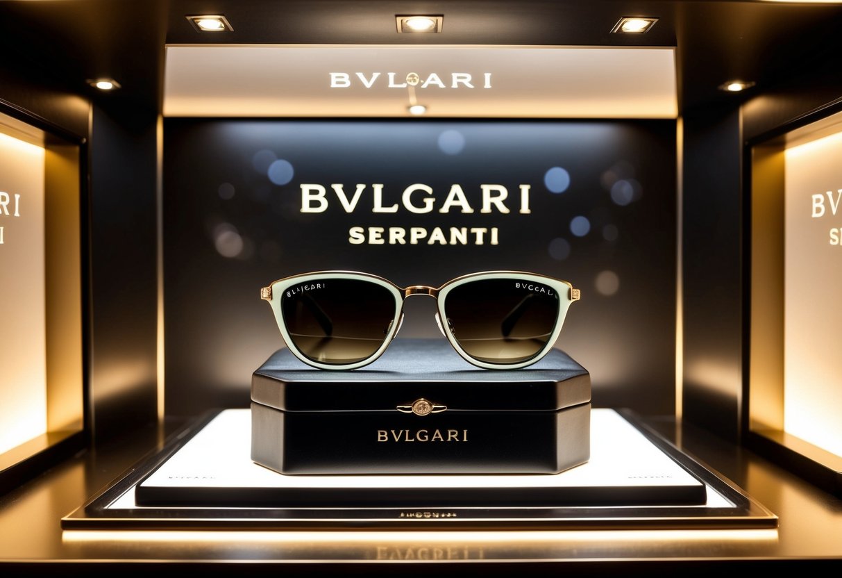A sleek display of BVLGARI Serpenti sunglasses in a luxury sunglass hut, with elegant lighting and branding