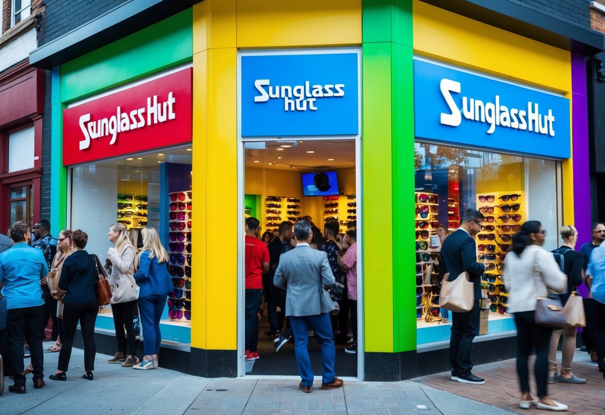 A vibrant storefront with a large sign displaying the Sunglass Hut logo. Brightly colored sunglasses are showcased in the window, and a crowd of people are seen browsing inside