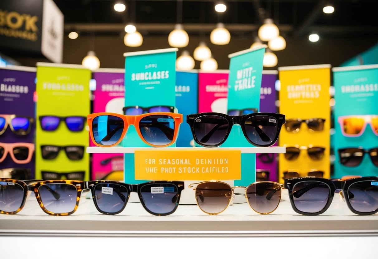 A vibrant display featuring various sunglasses arranged in a creative and eye-catching manner, with seasonal promotional signage and branding prominently displayed