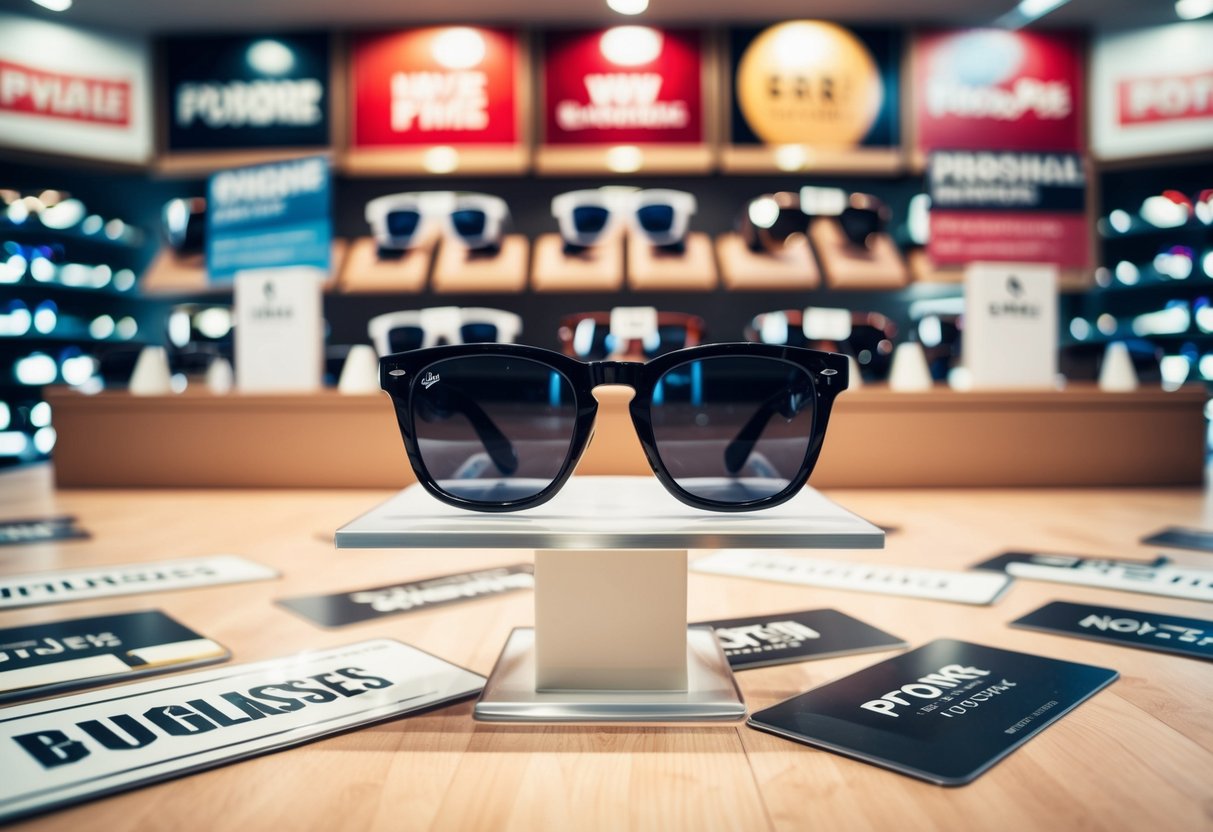 A display of sunglasses with promotional signs and banners scattered around the store