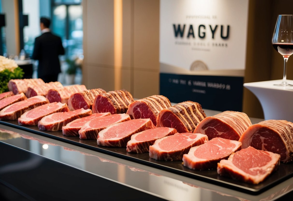 A luxurious spread of marbled Wagyu beef cuts displayed on a sleek, modern table at a promotional event
