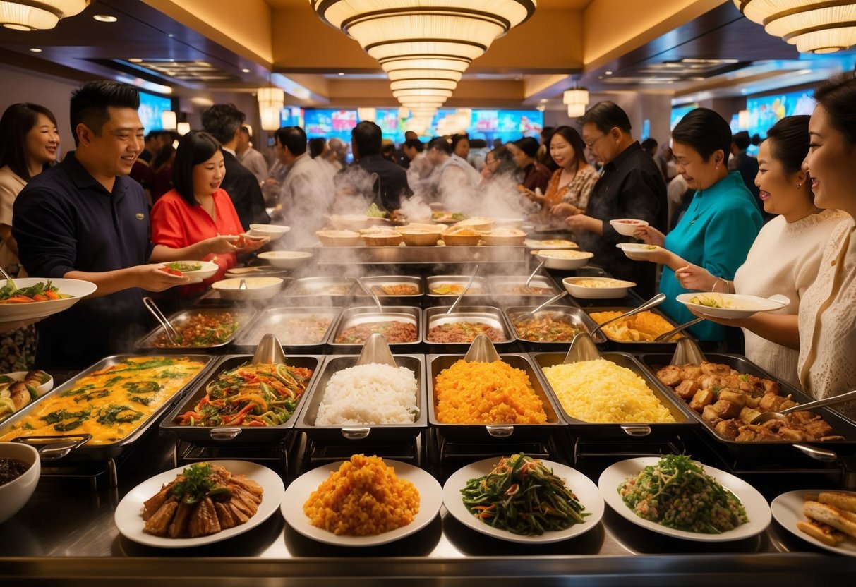 A bustling buffet spread at Tajimaya, with steaming dishes and colorful platters, surrounded by eager diners