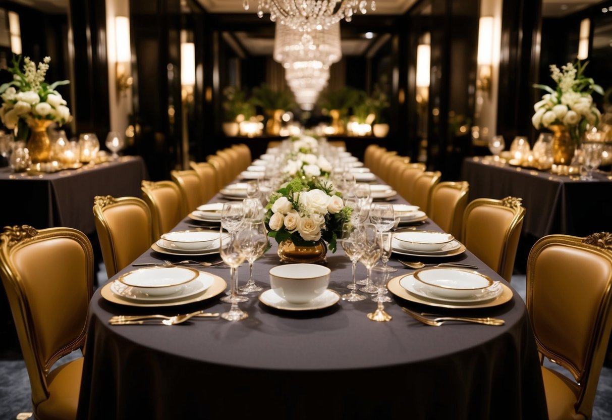 A luxurious dining table adorned with elegant tableware, surrounded by dimly lit ambiance and opulent decor