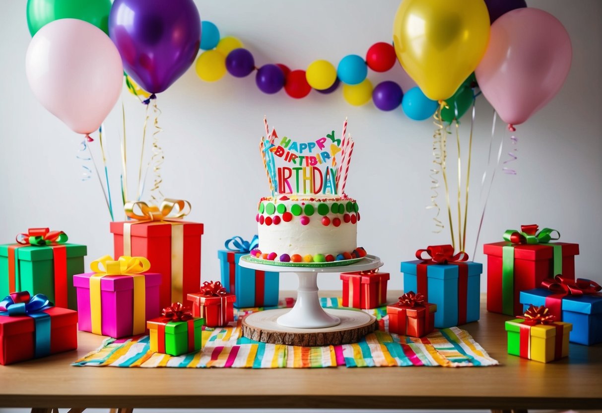 A festive table with colorful decorations and a cake surrounded by gifts and balloons