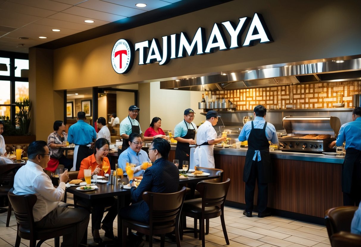 A bustling restaurant with patrons enjoying food and drinks, while staff members attend to tables and the grill. The Tajimaya logo is prominently displayed