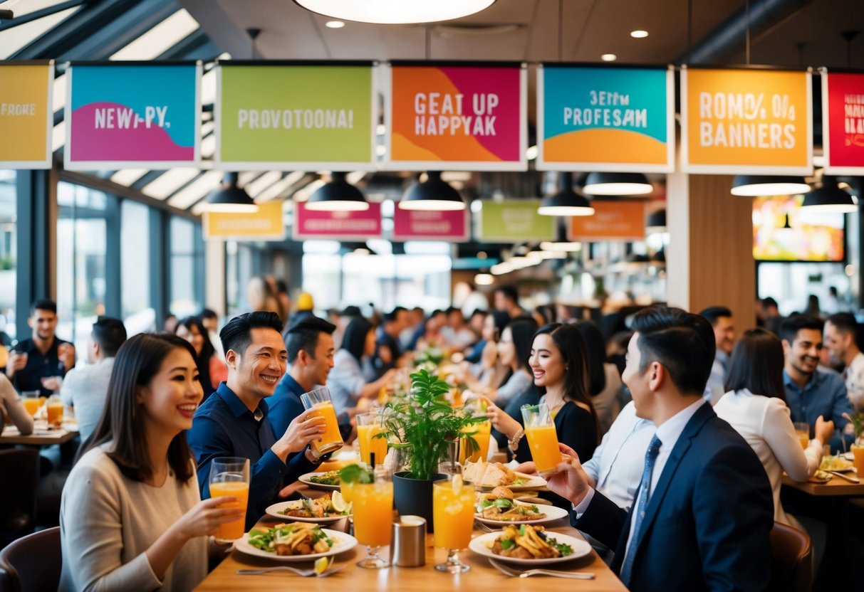 A bustling restaurant filled with happy customers enjoying delicious food and drinks under colorful promotional banners