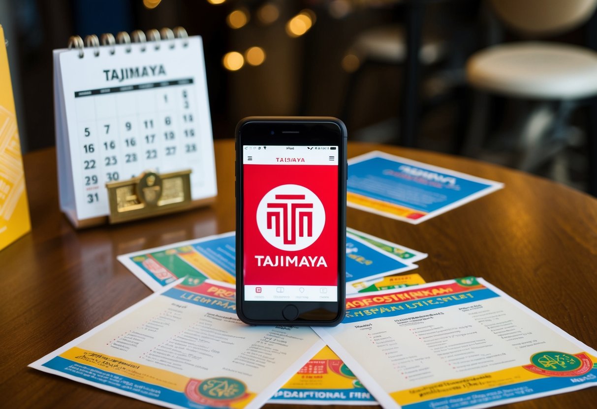 A table with a smartphone displaying the Tajimaya logo, surrounded by promotional flyers and a calendar marked with upcoming events