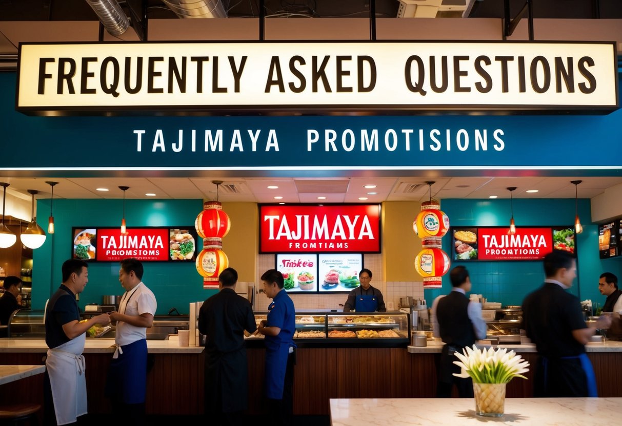 A bustling restaurant with a prominent "Frequently Asked Questions" sign above the tajimaya promotions display. Customers and staff interact in the background