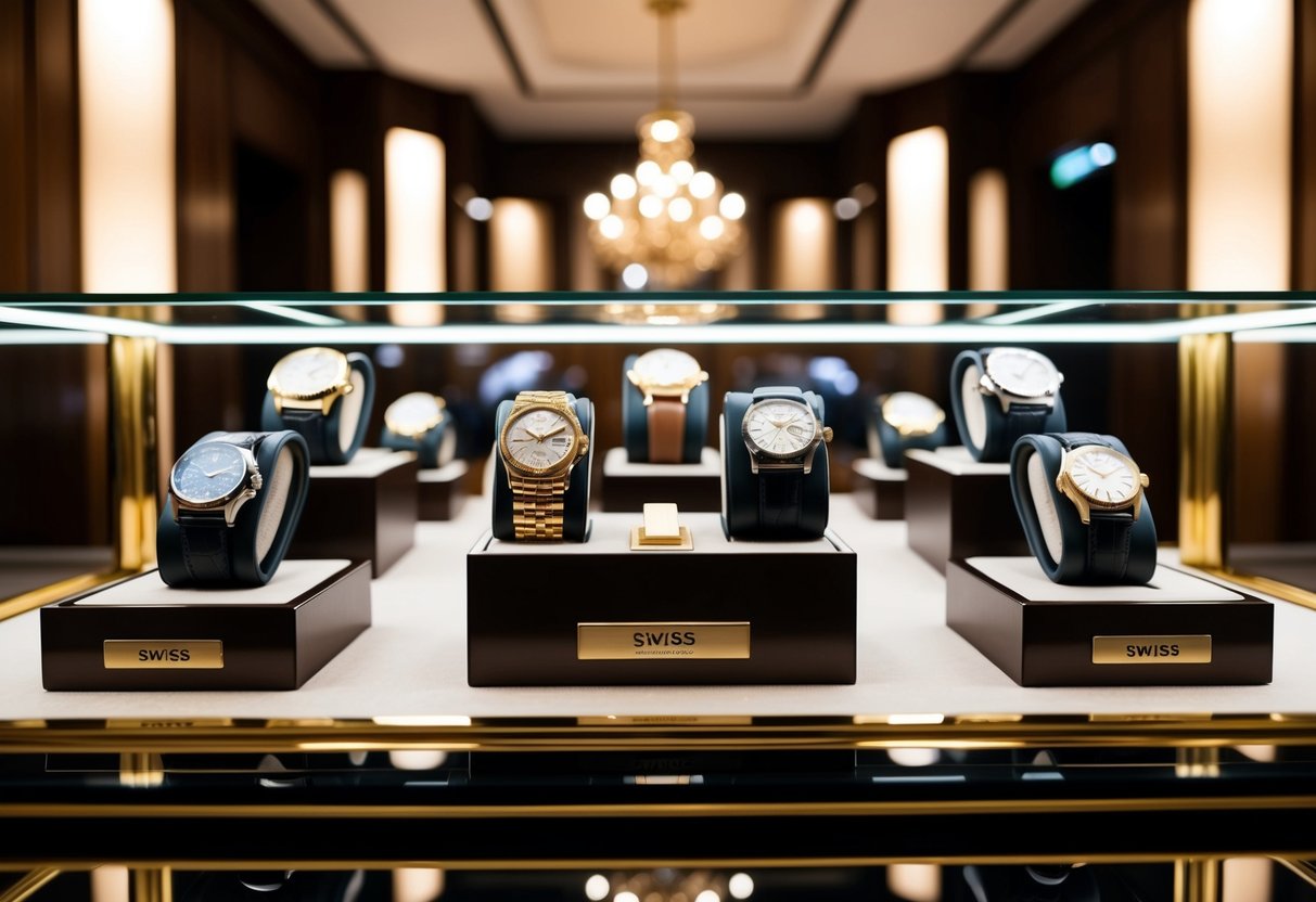 A luxurious display of Swiss watches, gleaming under bright spotlights in an opulent setting