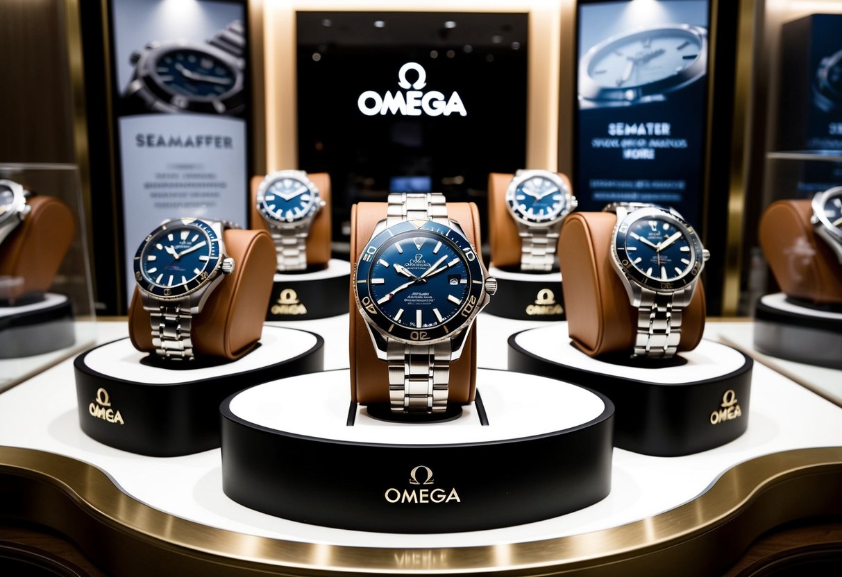 A luxurious display of Omega Seamaster watches surrounded by promotional signage in a high-end Swiss watch store