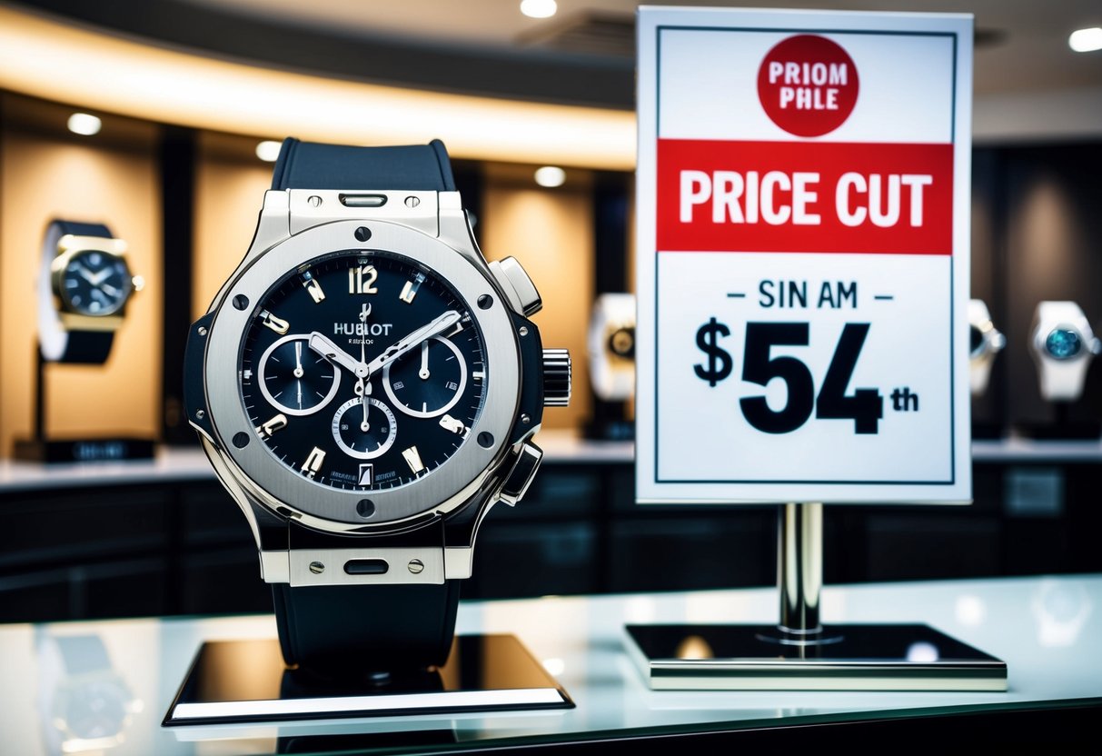A luxurious Hublot Big Bang watch displayed in a Swiss watch store with a prominent price cut promotion sign