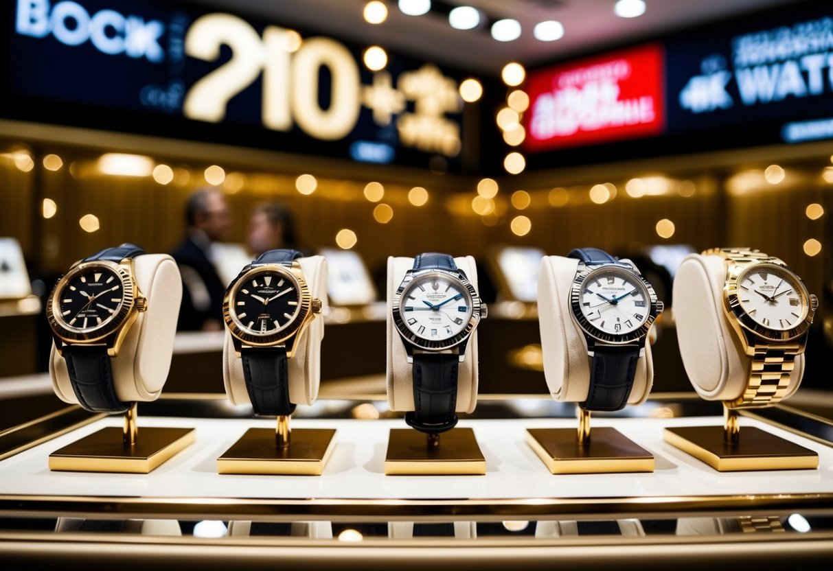 A sparkling display of luxury watches with promotional signs overhead