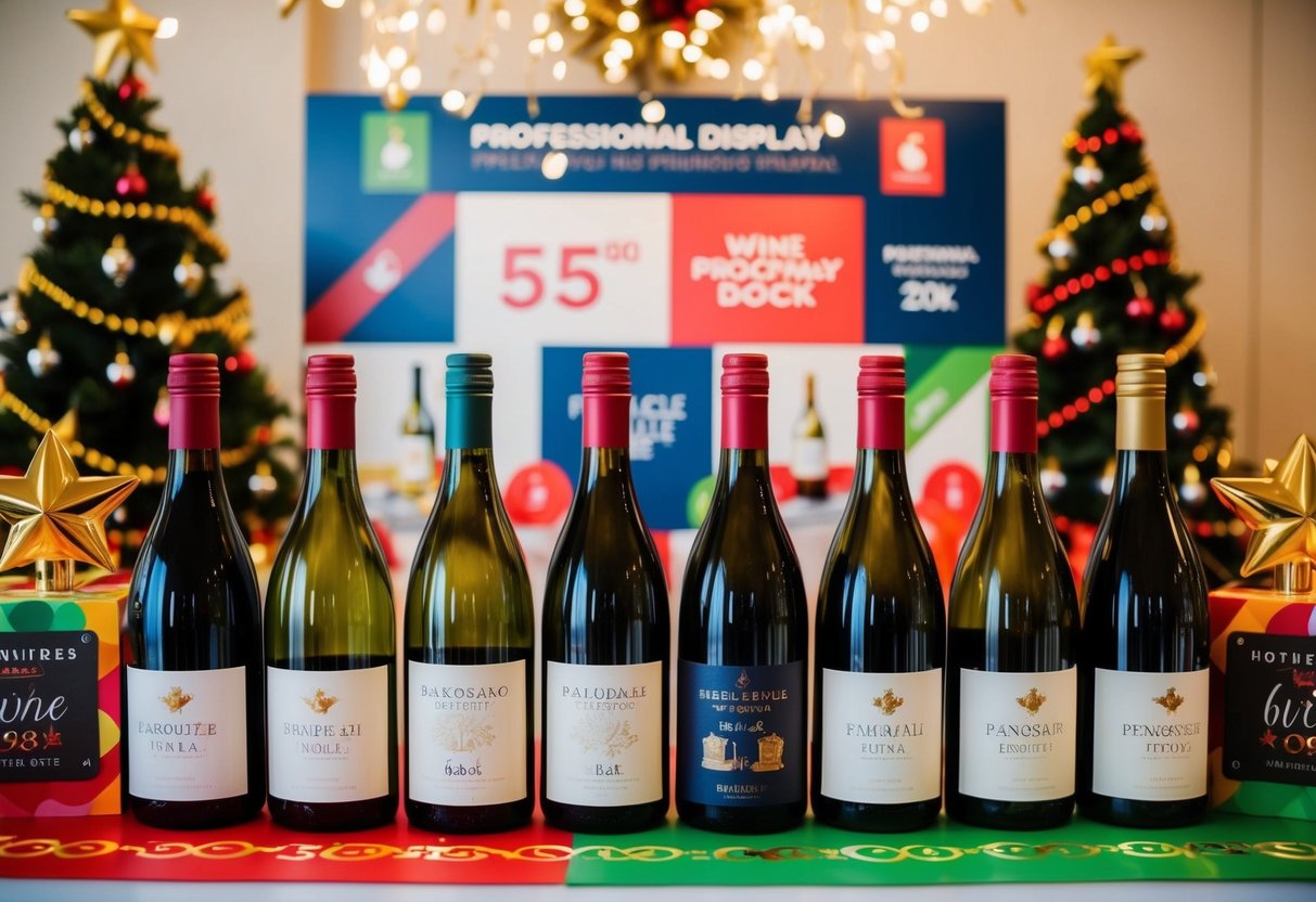 A colorful display of wine bottles with promotional signage and festive decorations