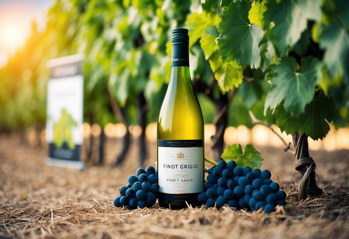 A bottle of Pinot Grigio surrounded by grape vines and a promotional banner