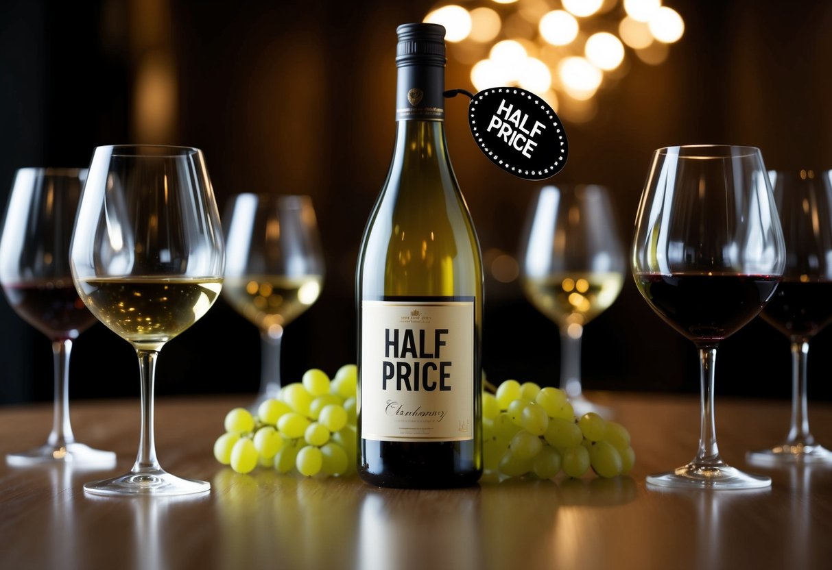 A bottle of Chardonnay with a "Half Price" sticker surrounded by elegant wine glasses and a dimly lit ambiance