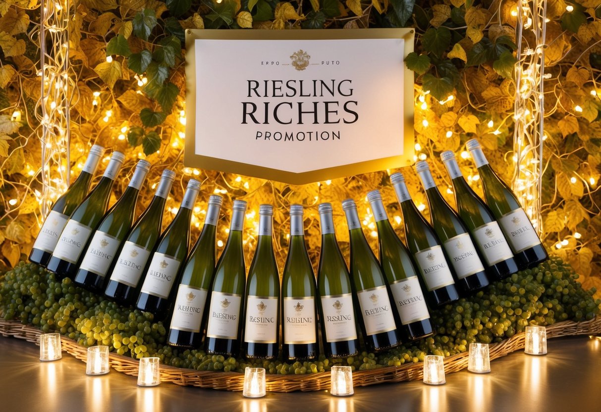 A lavish display of Riesling wine bottles surrounded by golden vines and sparkling lights, with a prominent "Riesling Riches Promotion" banner overhead