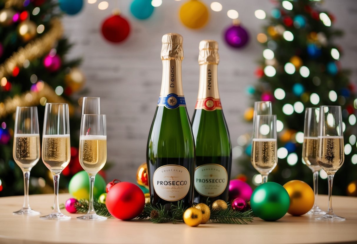 A festive table with bottles of Prosecco, assorted glasses, and colorful decorations