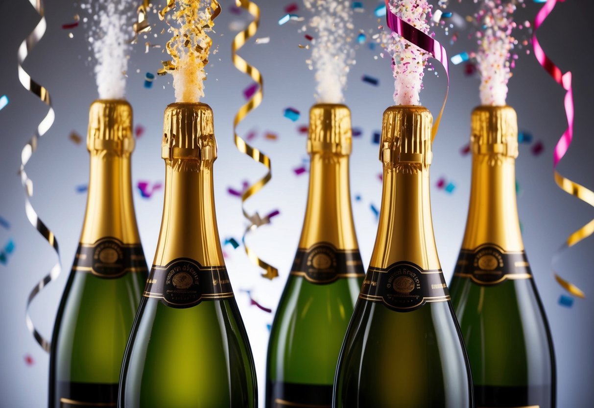 Bottles of champagne popping with confetti and streamers